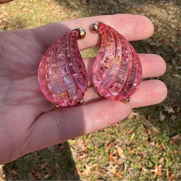 Vintage Kenneth Jay Lane Pink Lucite Clip Earrings Gold Tone 1980s Style New - Picture 5 of 5